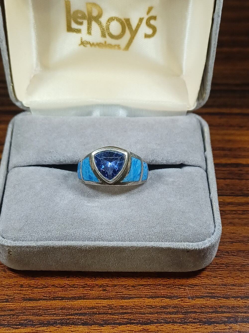 Vintage Sterling Silver Ring Blue Topaz Trillion Cut Stone Turquoise Accents